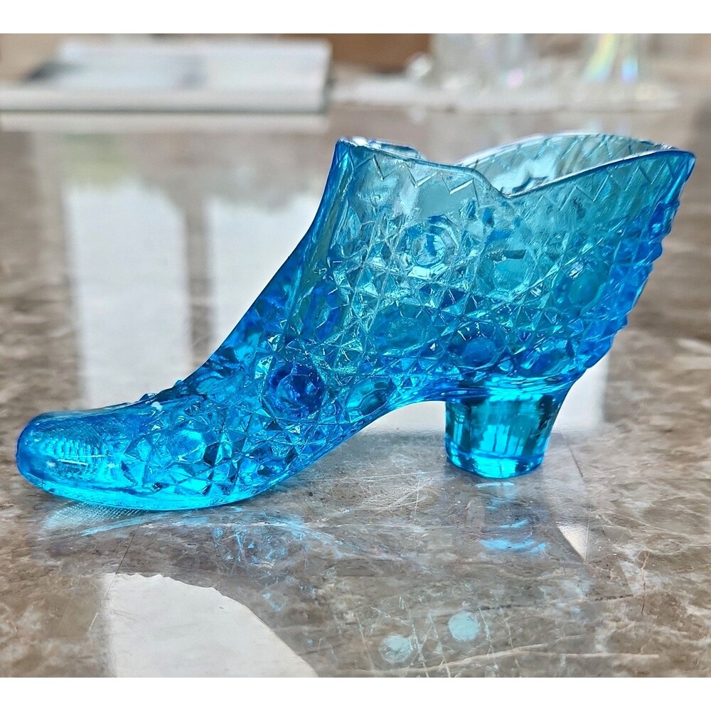 Vintage Blue Glass Shoe Slipper Figurine Decorative Collectible